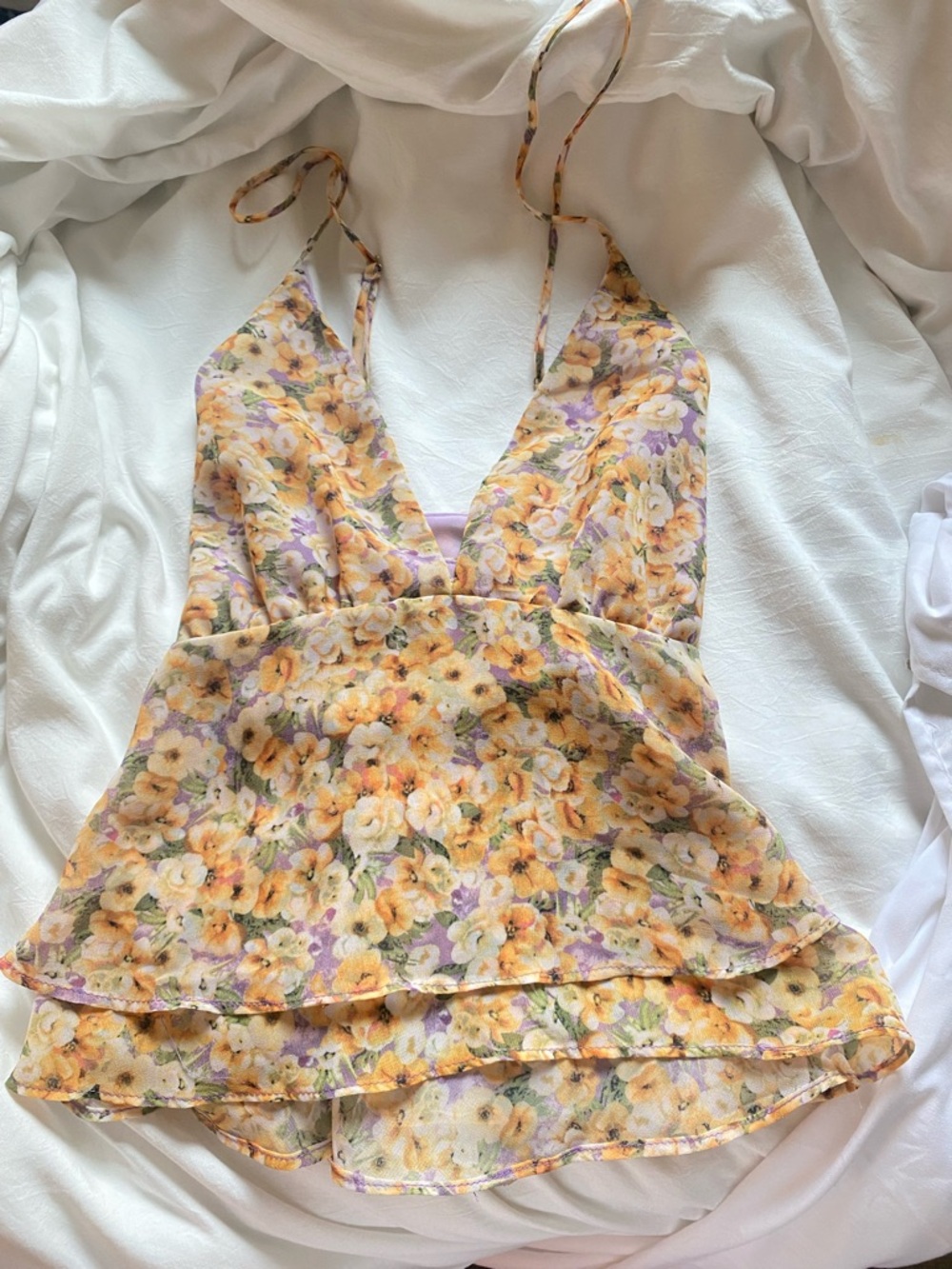Astr Lavender and Yellow Floral Tiered Spaghetti Strap Cami